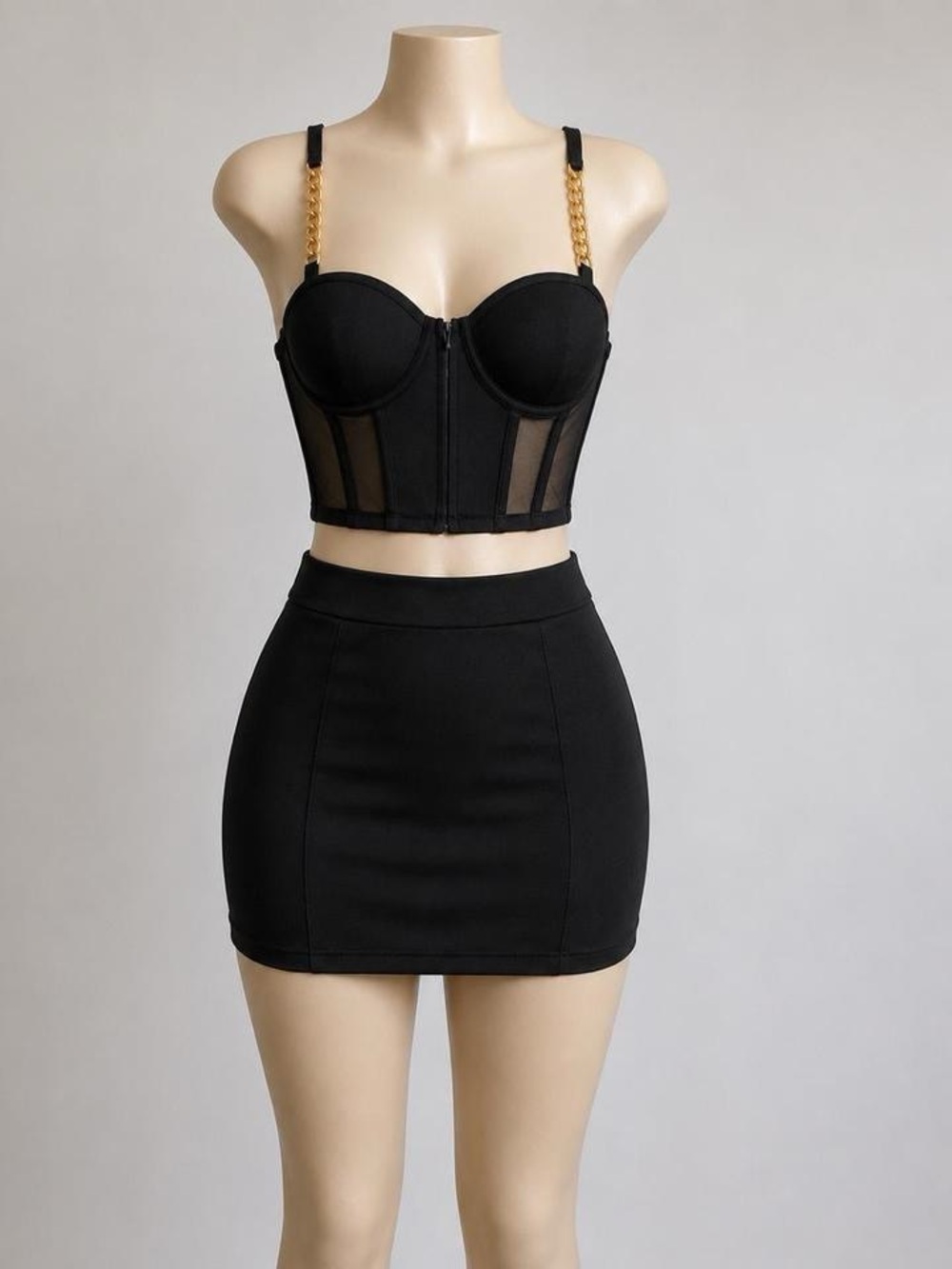 Black Corset Bustier Top + Mini Skirt Set Size Medium – Gold Chain Straps
